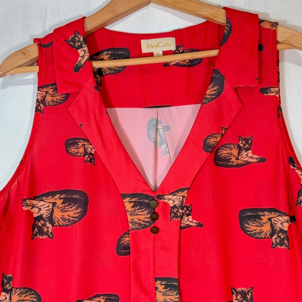 ModCloth Red Cat Print Sleeveless Ruffle Top Women XL Retro Dopamine Dressing